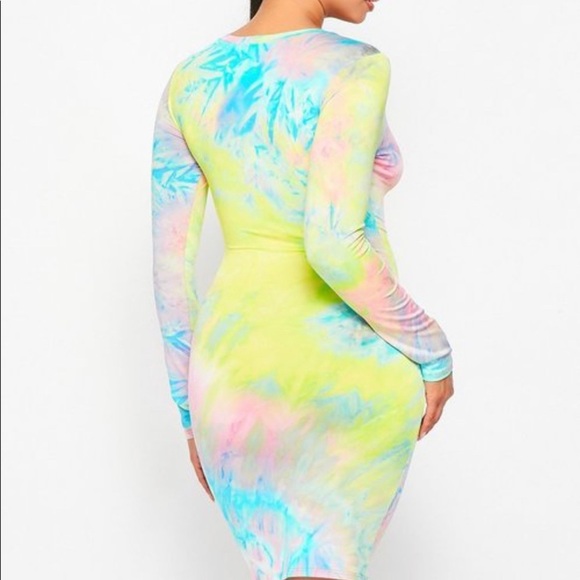 J.ELISE BOUTIQUE MULTI COLOR NEON PASTEL Long Sleeve Tie Dye Midi Dress - Picture 6 of 7